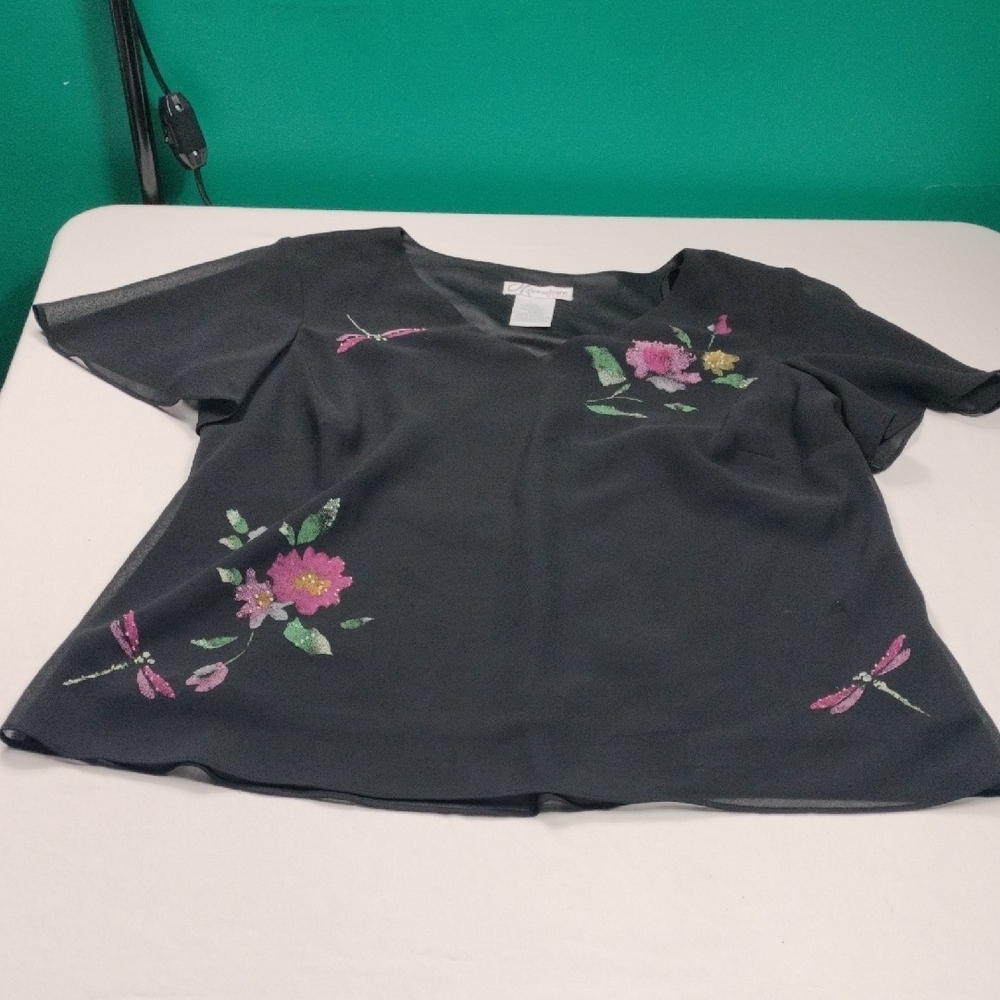 Dressbarn Women's V Neck Blouse With painted And Beaded Accents Size 16W